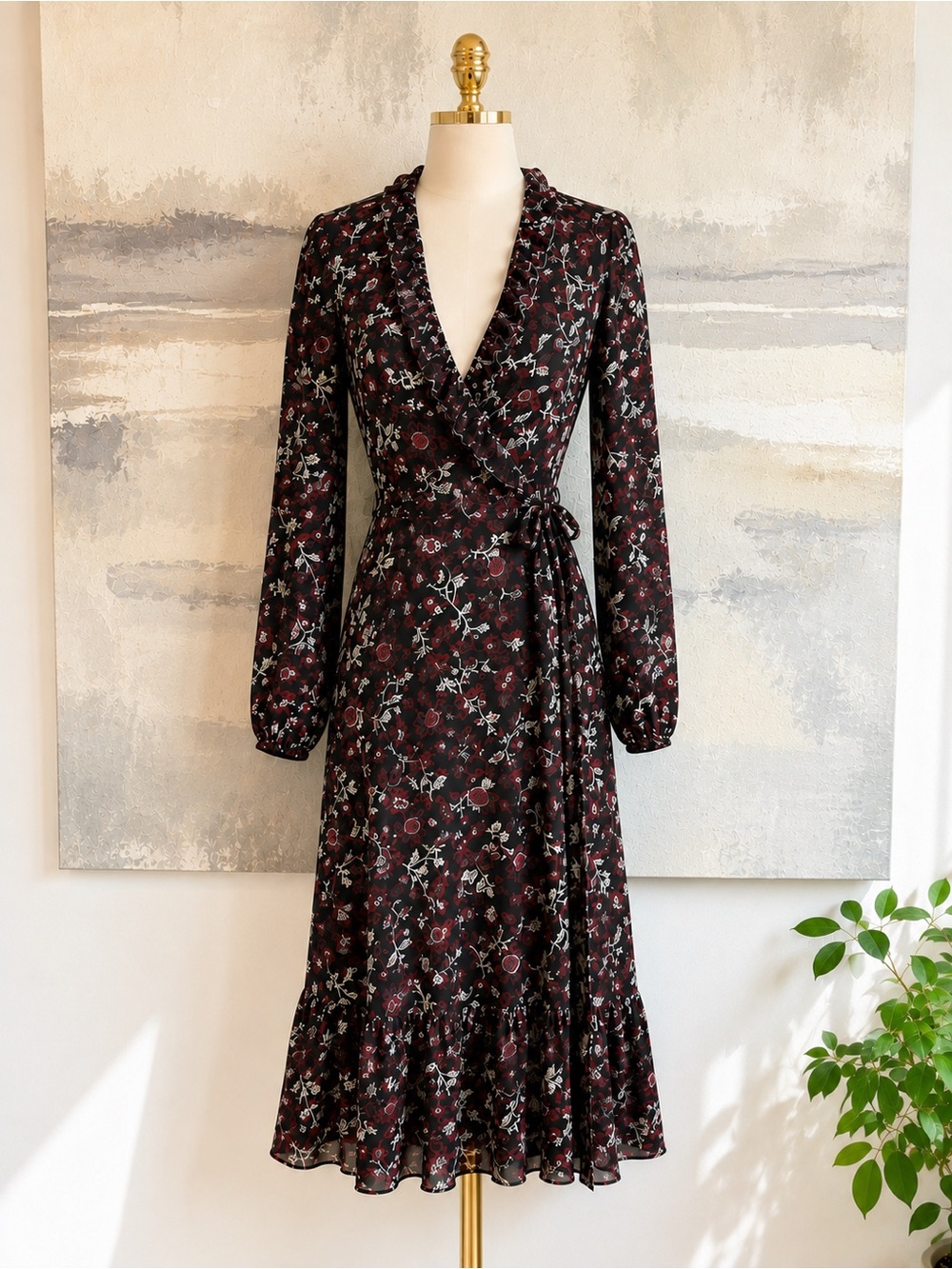 Michael Kors Floral Wrap Maxi Dress XS Black Burgundy Long Sleeve Ruffle Hem